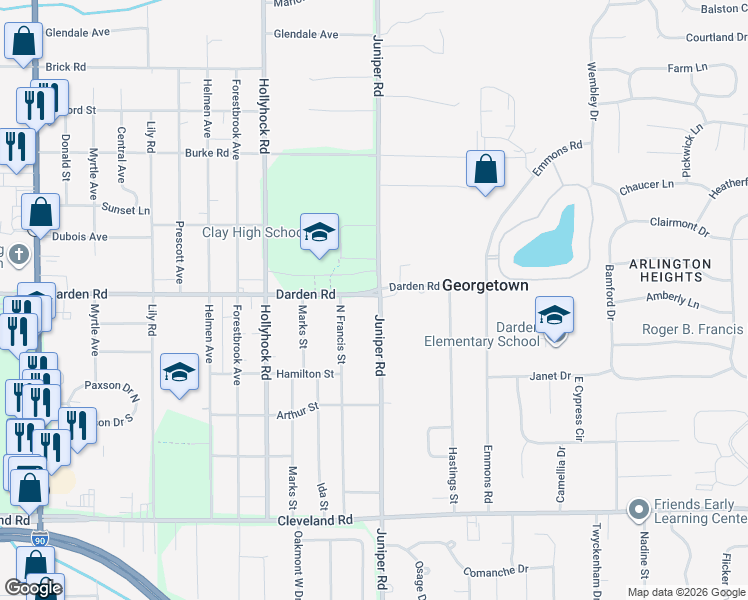 map of restaurants, bars, coffee shops, grocery stores, and more near 19271 Darden Rd in South Bend