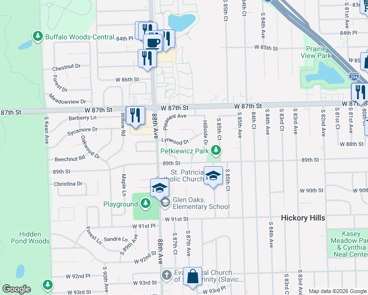 map of restaurants, bars, coffee shops, grocery stores, and more near 8701 Lynwood Drive in Oak Lawn