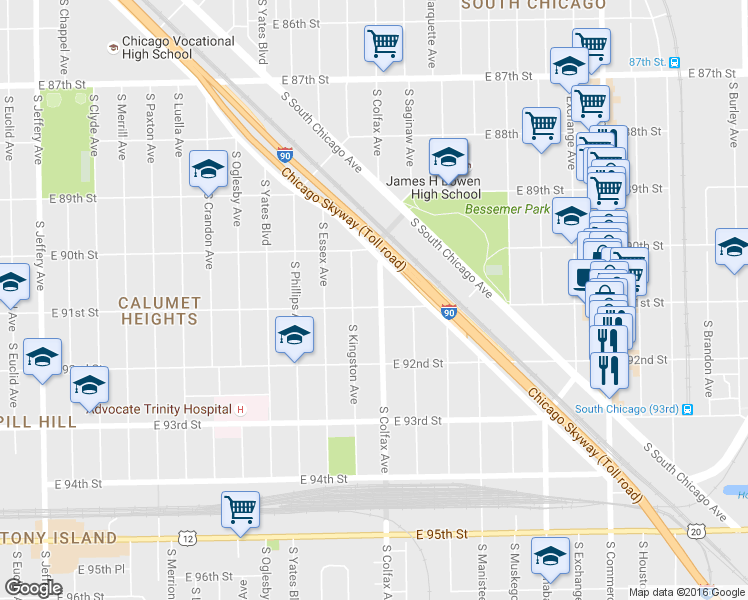 map of restaurants, bars, coffee shops, grocery stores, and more near 2554 East 91st Street in Chicago