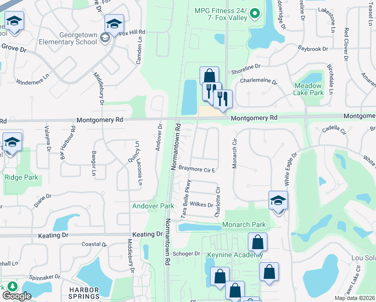 map of restaurants, bars, coffee shops, grocery stores, and more near 1421 Tara Belle Parkway in Naperville