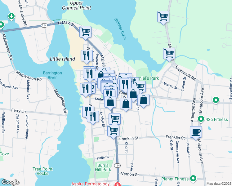 map of restaurants, bars, coffee shops, grocery stores, and more near 31 Child Street in Warren