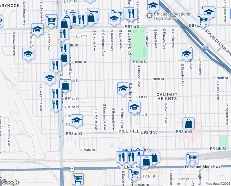 map of restaurants, bars, coffee shops, grocery stores, and more near 9055 South Bennett Avenue in Chicago