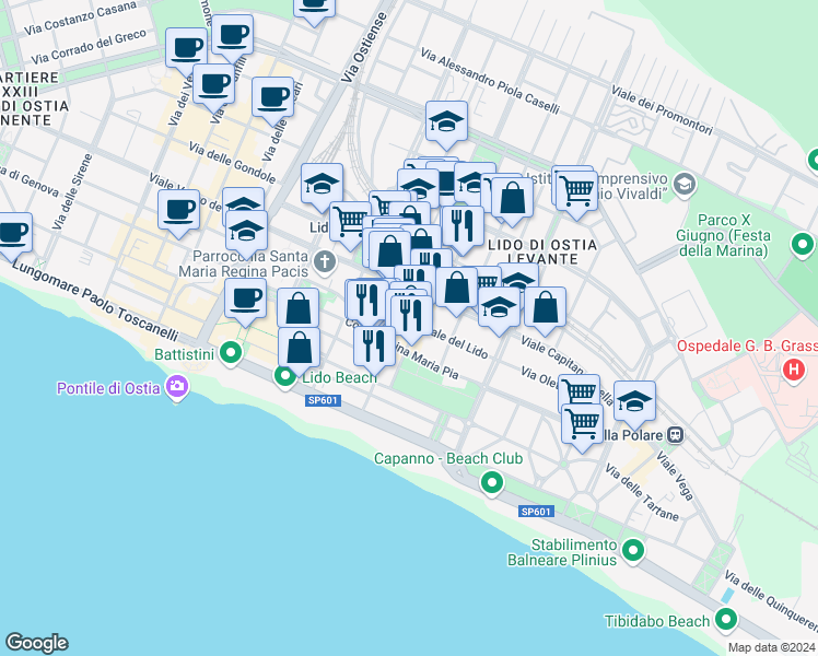 map of restaurants, bars, coffee shops, grocery stores, and more near 134 Via Pietro Rosa in Lido di Ostia