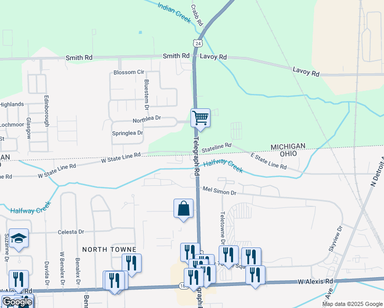 map of restaurants, bars, coffee shops, grocery stores, and more near 6255 Telegraph Road in Monroe County