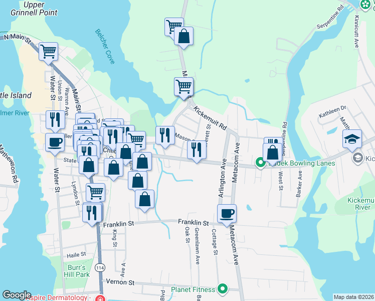 map of restaurants, bars, coffee shops, grocery stores, and more near 9 Central Street in Warren