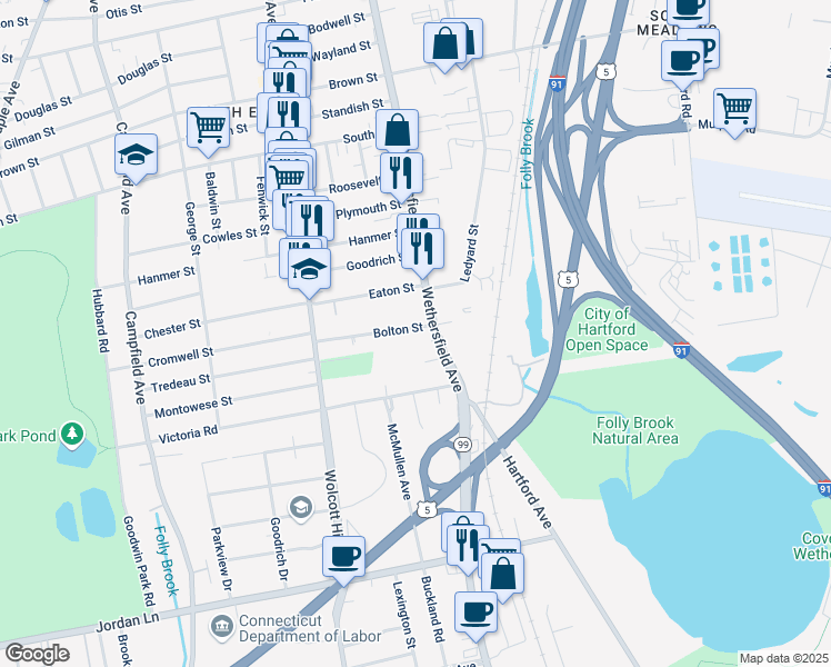 map of restaurants, bars, coffee shops, grocery stores, and more near 21 Bolton Street in Hartford