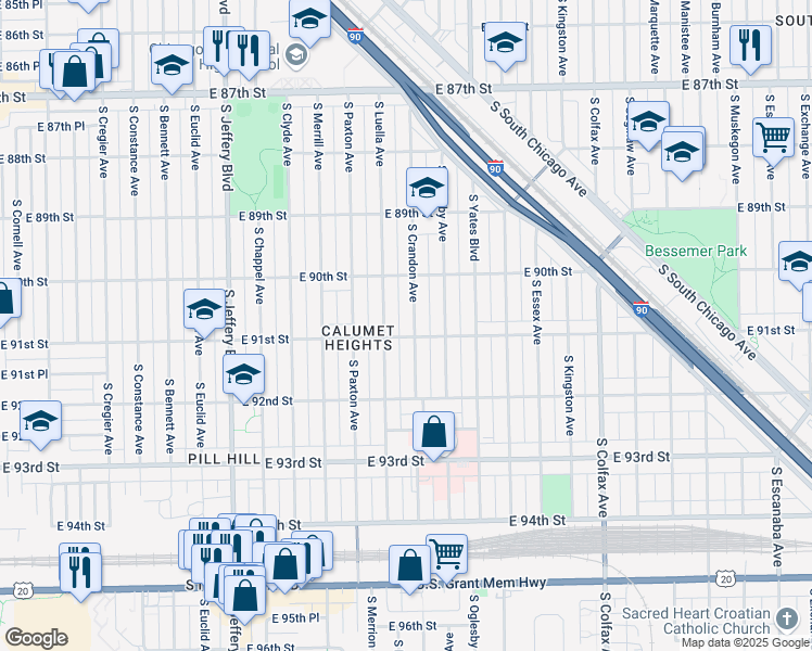 map of restaurants, bars, coffee shops, grocery stores, and more near 9058 South Crandon Avenue in Chicago
