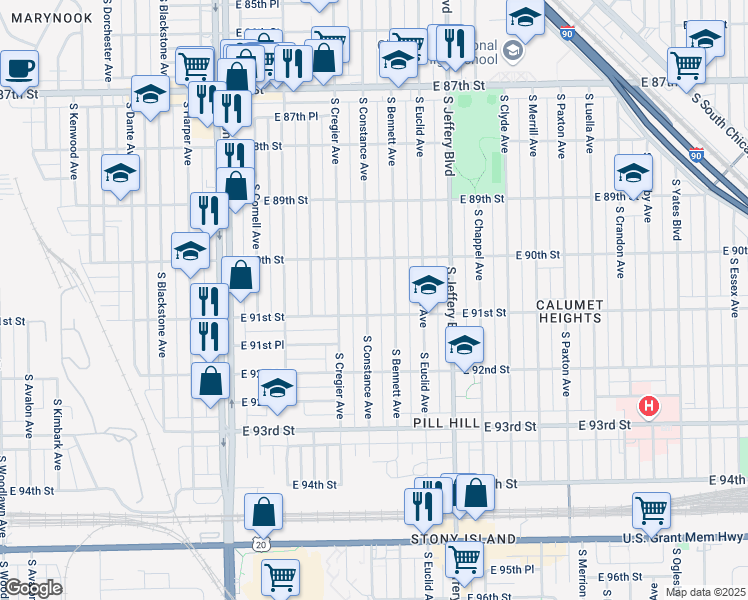 map of restaurants, bars, coffee shops, grocery stores, and more near 9053 South Constance Avenue in Chicago