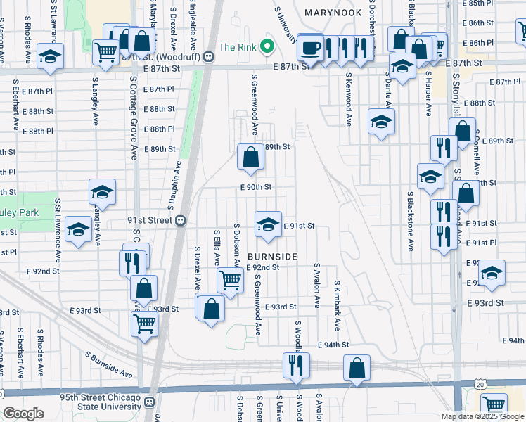 map of restaurants, bars, coffee shops, grocery stores, and more near 9043 South Greenwood Avenue in Chicago