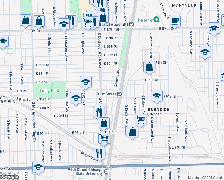 map of restaurants, bars, coffee shops, grocery stores, and more near 9040 South Dauphin Avenue in Chicago