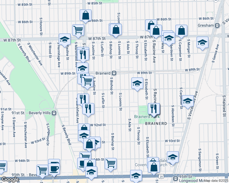 map of restaurants, bars, coffee shops, grocery stores, and more near 9012 South Loomis Street in Chicago