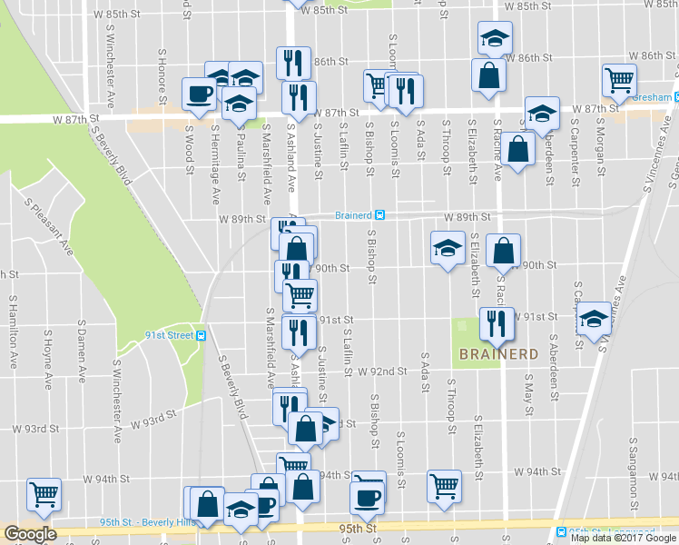 map of restaurants, bars, coffee shops, grocery stores, and more near 9009 South Justine Street in Chicago