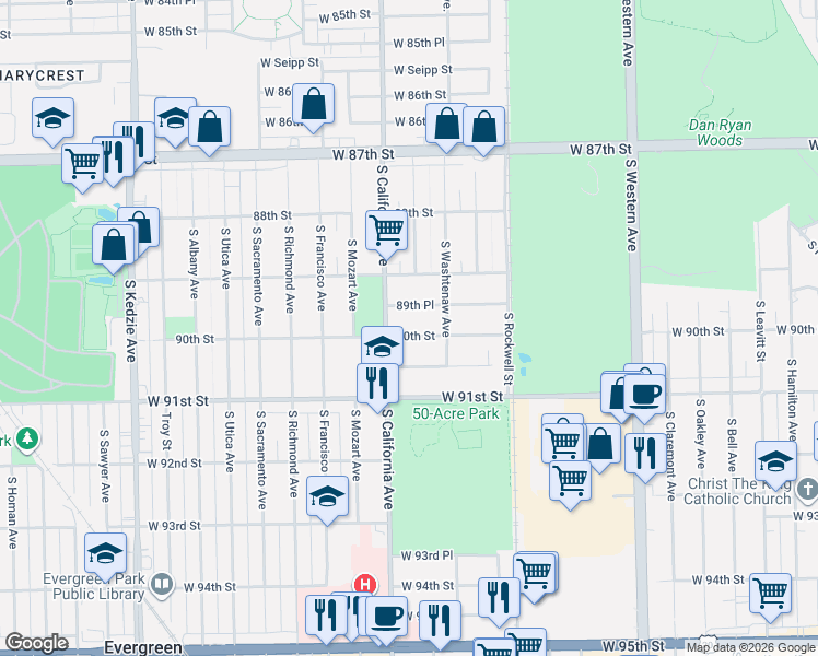map of restaurants, bars, coffee shops, grocery stores, and more near 2745 90th Street in Chicago