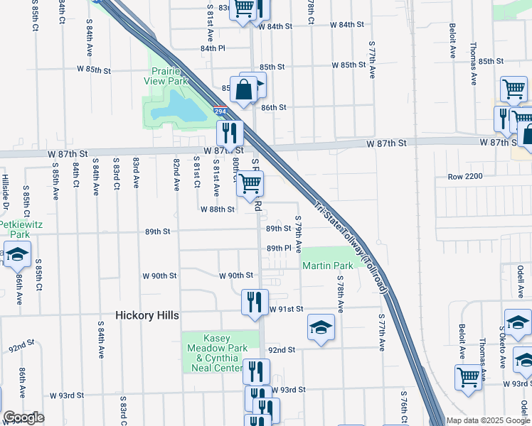 map of restaurants, bars, coffee shops, grocery stores, and more near 7940 89th Street in Hickory Hills