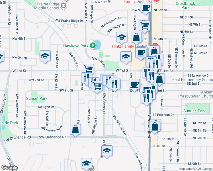 map of restaurants, bars, coffee shops, grocery stores, and more near 214 Southwest Cherry Street in Ankeny
