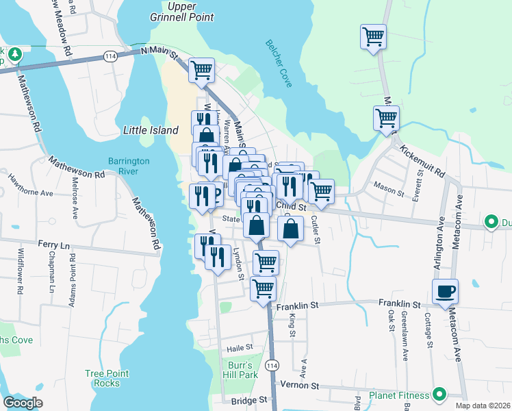 map of restaurants, bars, coffee shops, grocery stores, and more near 440 Main Street in Warren