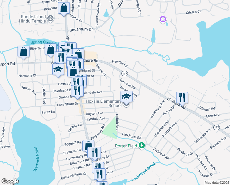 map of restaurants, bars, coffee shops, grocery stores, and more near 10 Lima Street in Warwick
