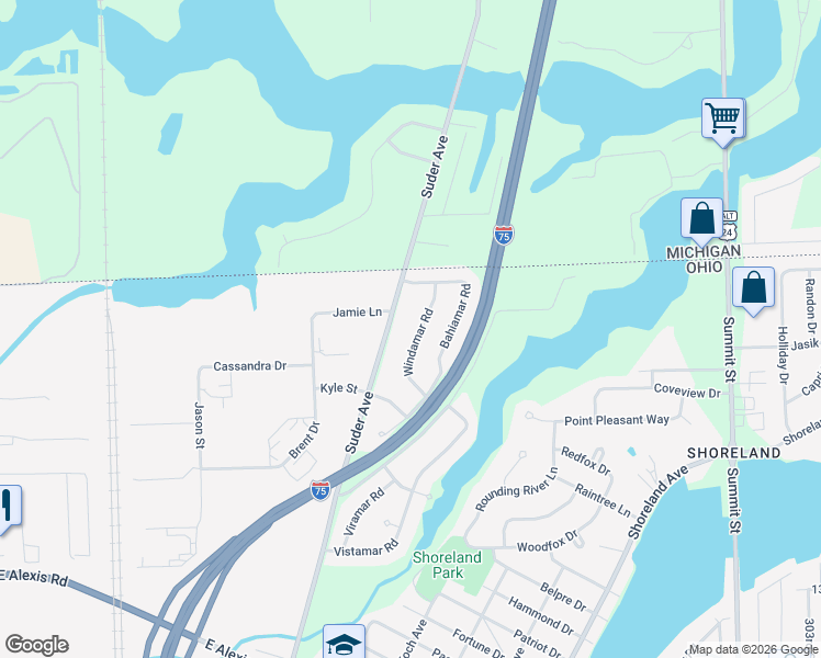 map of restaurants, bars, coffee shops, grocery stores, and more near 6144 Windamar Road in Toledo