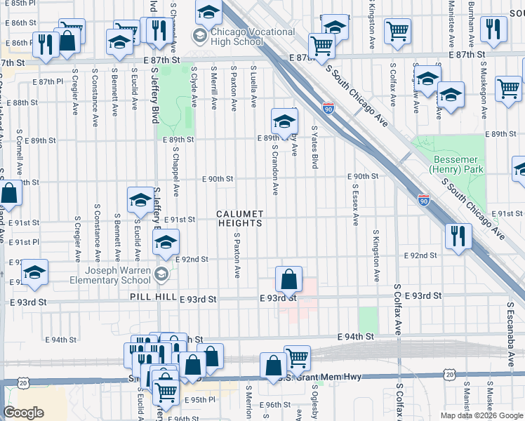 map of restaurants, bars, coffee shops, grocery stores, and more near 9058 South Crandon Avenue in Chicago