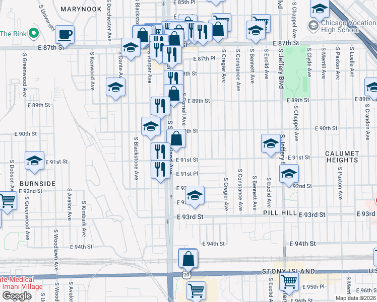 map of restaurants, bars, coffee shops, grocery stores, and more near 9047 South Cornell Avenue in Chicago