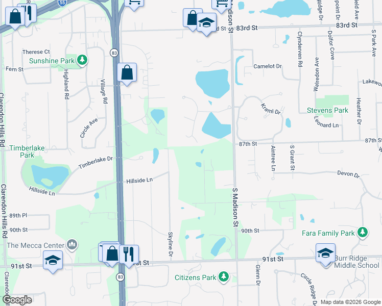 map of restaurants, bars, coffee shops, grocery stores, and more near 16W130 89th Street in Burr Ridge