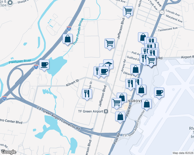map of restaurants, bars, coffee shops, grocery stores, and more near 157 Kilvert Street in Warwick