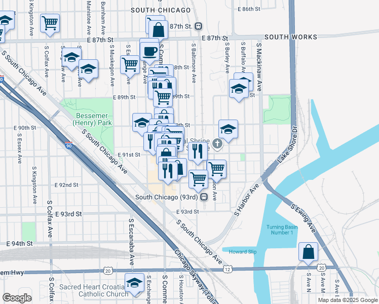 map of restaurants, bars, coffee shops, grocery stores, and more near 3052 East 91st Street in Chicago