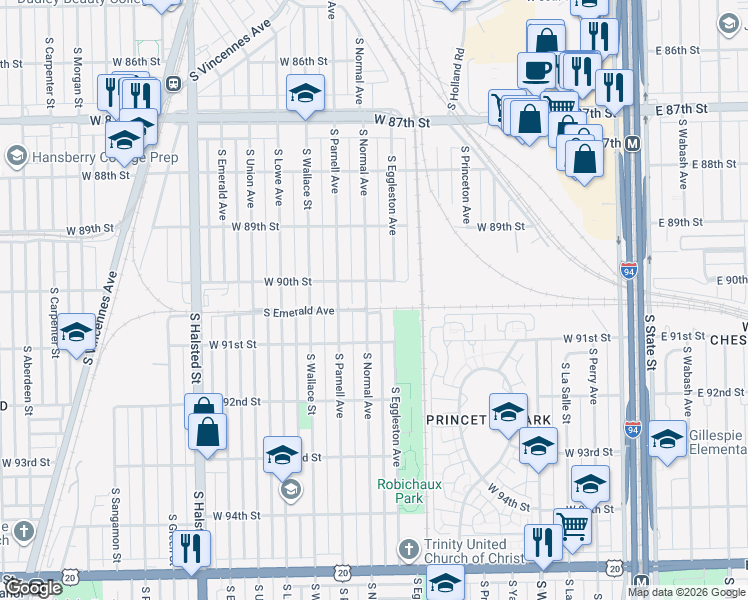 map of restaurants, bars, coffee shops, grocery stores, and more near 9019 South Normal Avenue in Chicago