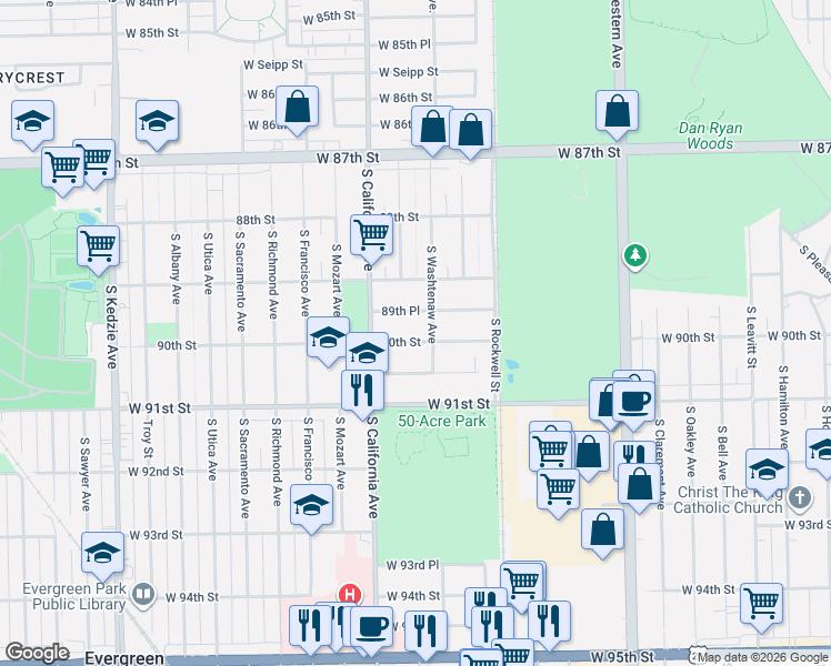 map of restaurants, bars, coffee shops, grocery stores, and more near 2700 90th Street in Chicago