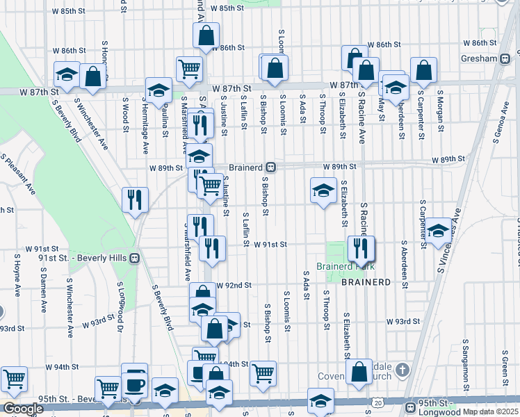 map of restaurants, bars, coffee shops, grocery stores, and more near 9000 South Bishop Street in Chicago
