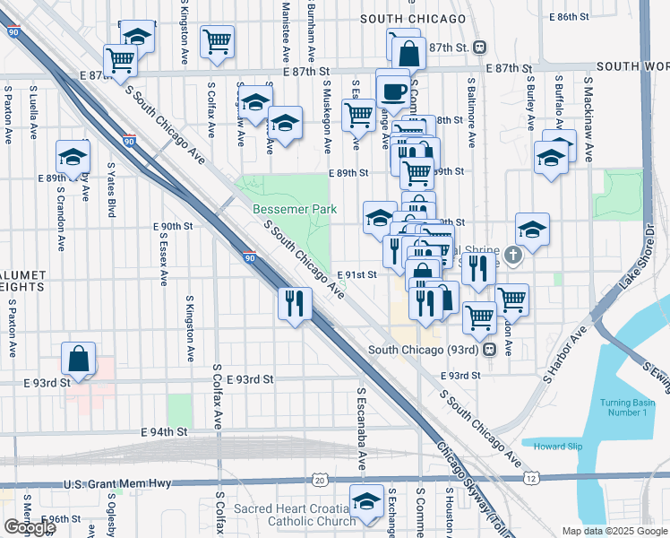 map of restaurants, bars, coffee shops, grocery stores, and more near 2838 East 91st Street in Chicago