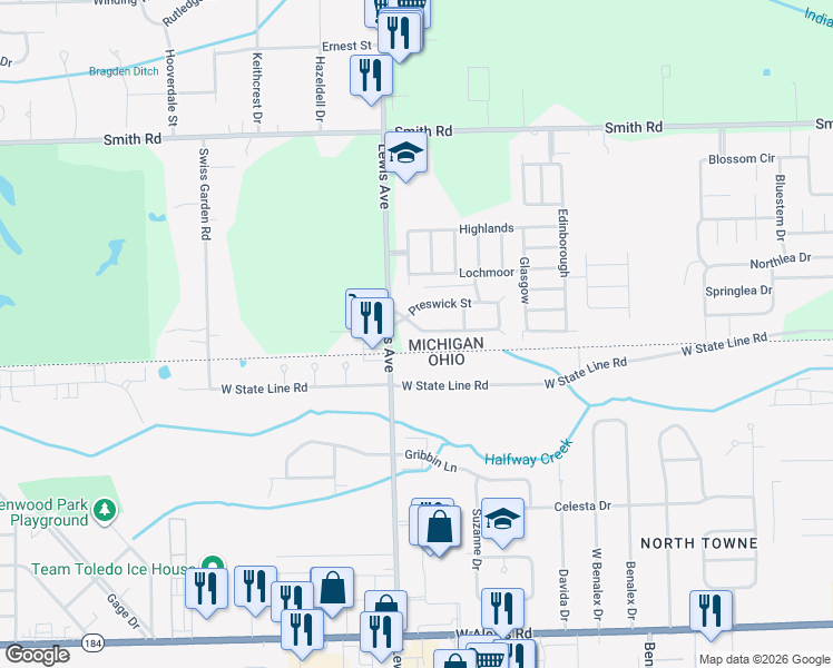 map of restaurants, bars, coffee shops, grocery stores, and more near 11 Saint Andrews in Temperance