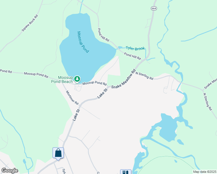 map of restaurants, bars, coffee shops, grocery stores, and more near Lake Street & Moosup Pond Road in Plainfield