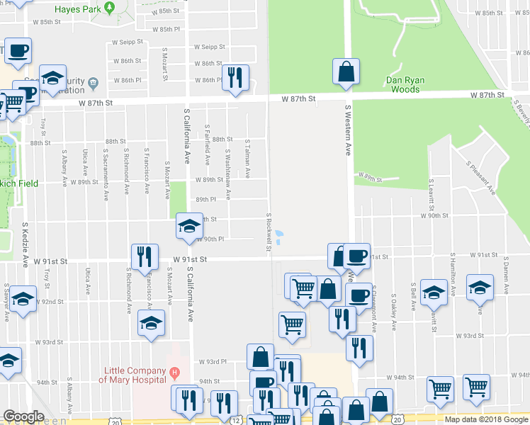 map of restaurants, bars, coffee shops, grocery stores, and more near 2600 90th Street in Evergreen Park
