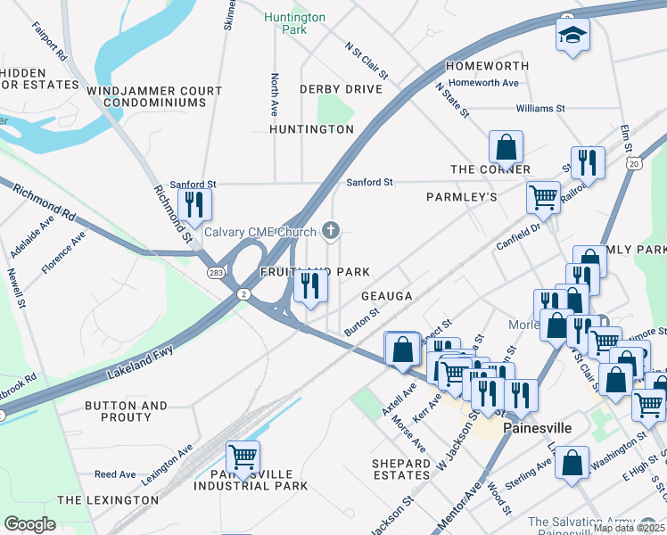 map of restaurants, bars, coffee shops, grocery stores, and more near 119 Barnes Avenue in Painesville