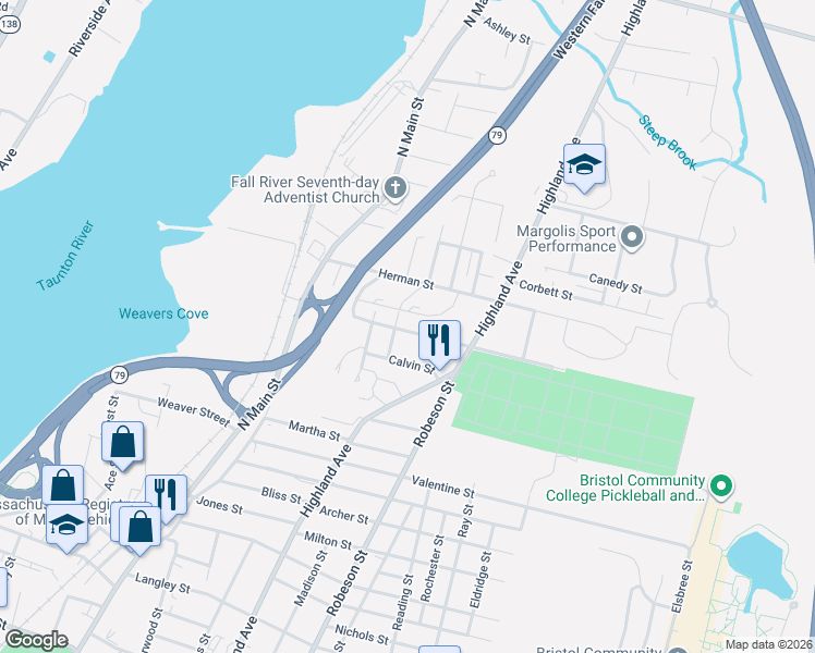 map of restaurants, bars, coffee shops, grocery stores, and more near 232 Mount Pleasant Street in Fall River