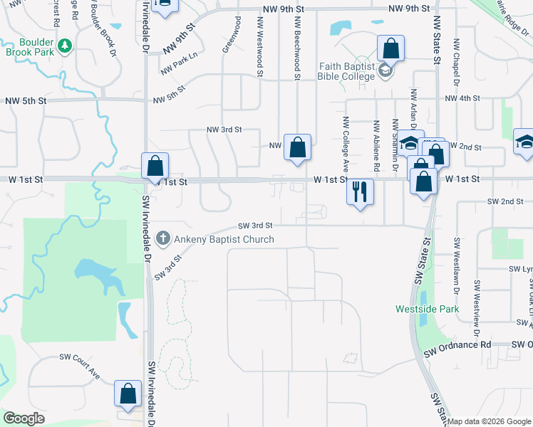 map of restaurants, bars, coffee shops, grocery stores, and more near 2406 Southwest 3rd Street in Ankeny