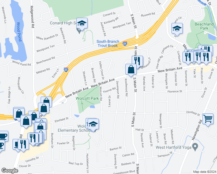 map of restaurants, bars, coffee shops, grocery stores, and more near 26 Thorne Road in West Hartford
