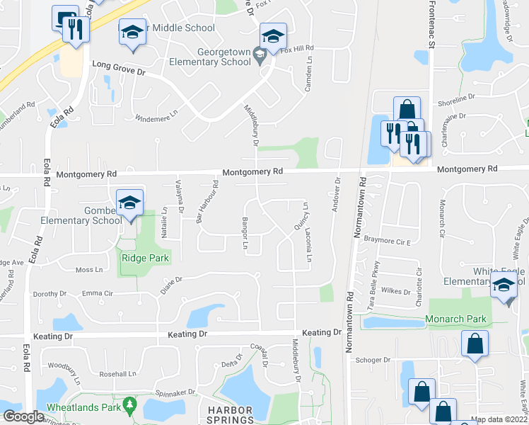 map of restaurants, bars, coffee shops, grocery stores, and more near 1325 Middlebury Drive in Aurora