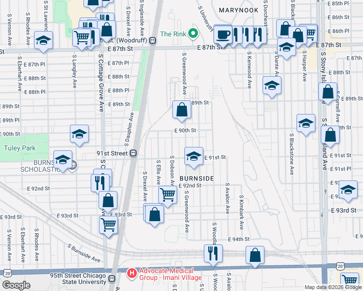 map of restaurants, bars, coffee shops, grocery stores, and more near 9043 South Dobson Avenue in Chicago