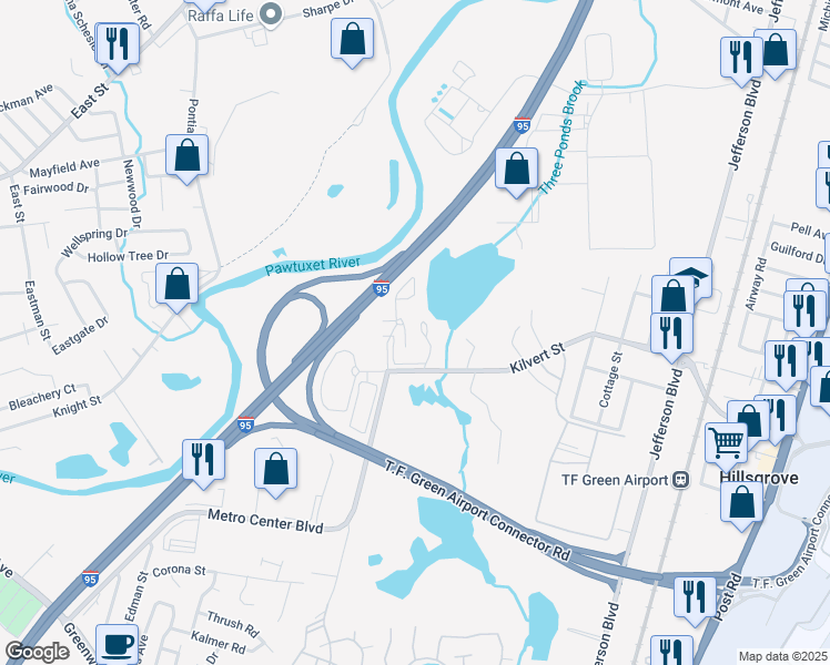 map of restaurants, bars, coffee shops, grocery stores, and more near 475 Kilvert Street in Warwick