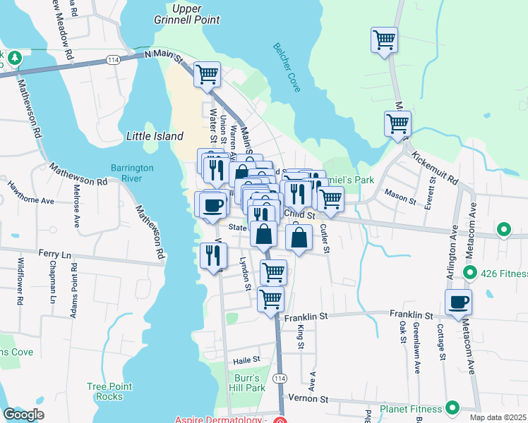 map of restaurants, bars, coffee shops, grocery stores, and more near 5 Child Street in Warren