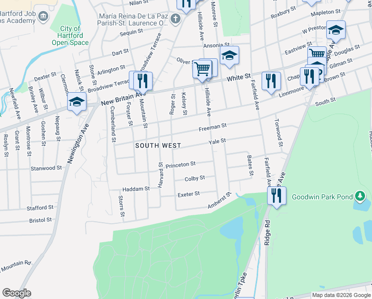 map of restaurants, bars, coffee shops, grocery stores, and more near 157 Yale Street in Hartford