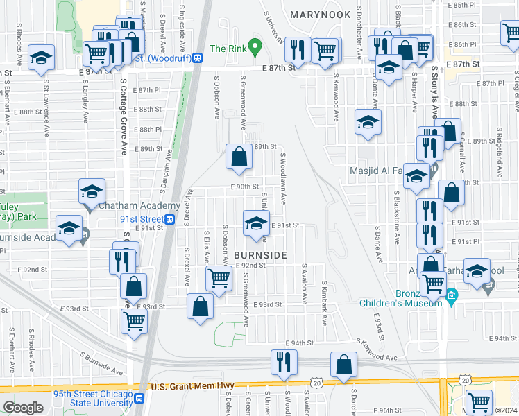 map of restaurants, bars, coffee shops, grocery stores, and more near 9032 South University Avenue in Chicago