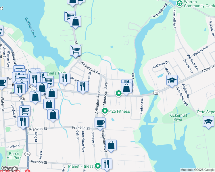 map of restaurants, bars, coffee shops, grocery stores, and more near 334 Rhode Island 136 in Warren