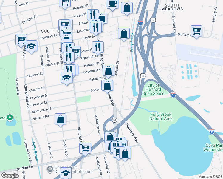 map of restaurants, bars, coffee shops, grocery stores, and more near 958 Wethersfield Avenue in Hartford