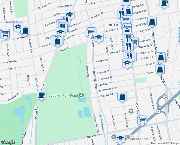 map of restaurants, bars, coffee shops, grocery stores, and more near 124 Hubbard Road in Hartford