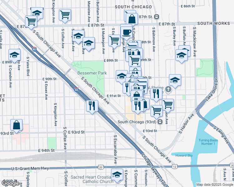 map of restaurants, bars, coffee shops, grocery stores, and more near 2914 East 91st Street in Chicago