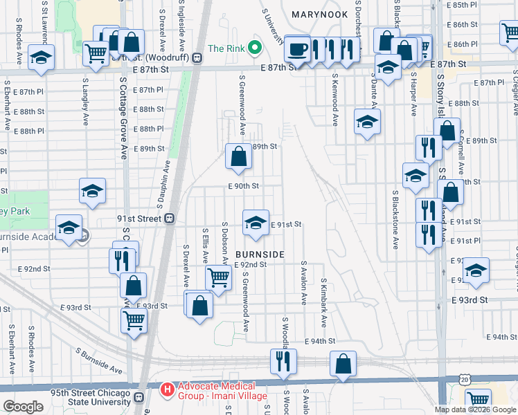 map of restaurants, bars, coffee shops, grocery stores, and more near 9032 South University Avenue in Chicago