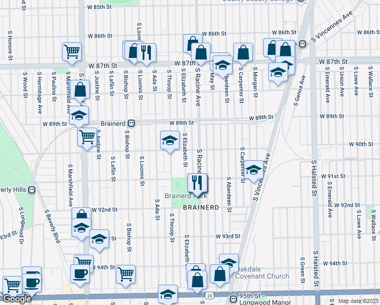 map of restaurants, bars, coffee shops, grocery stores, and more near 9015 South Elizabeth Street in Chicago